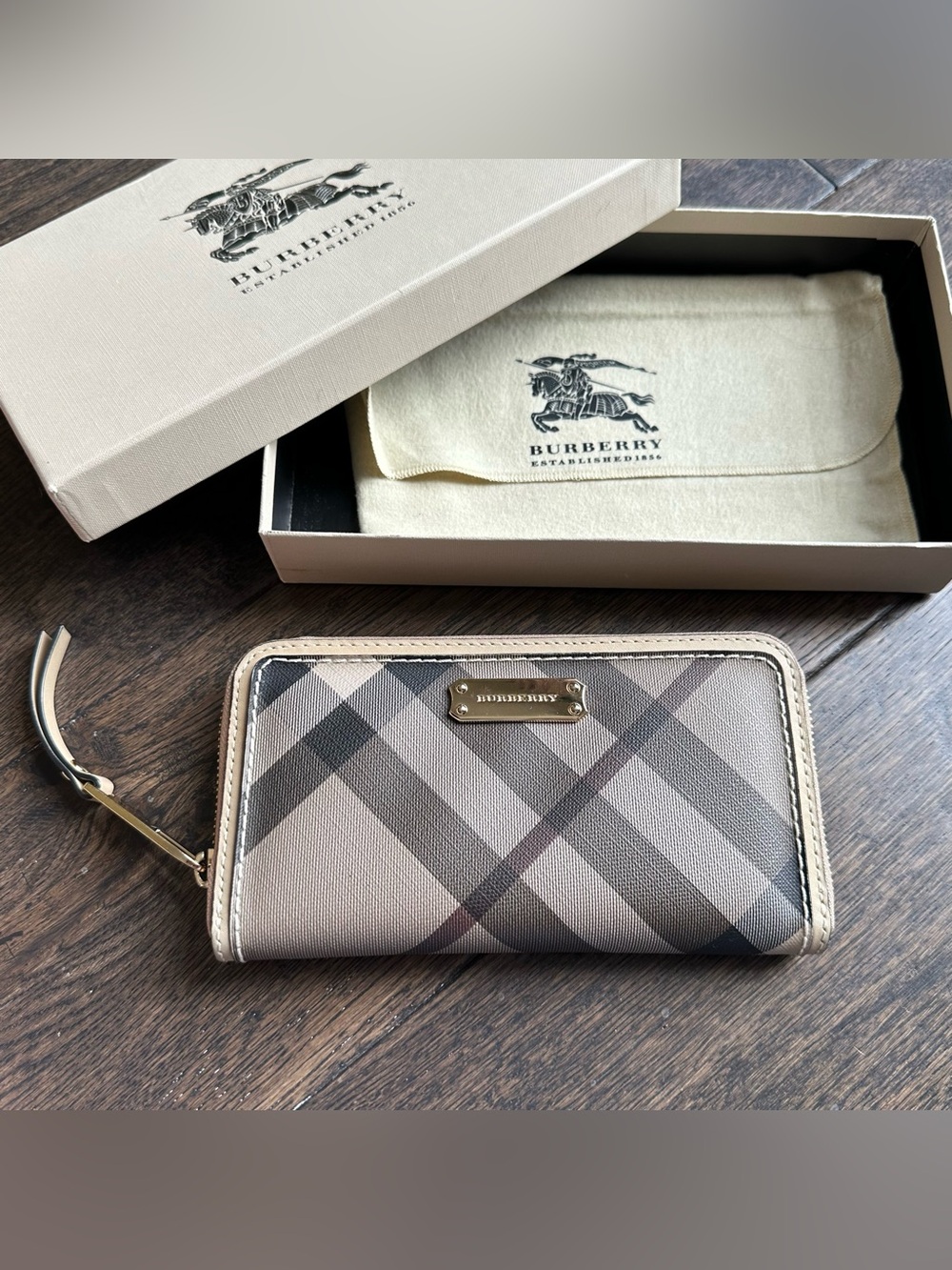 Burberry Beige Nova Check Coated Canvas Zip Around Wallet